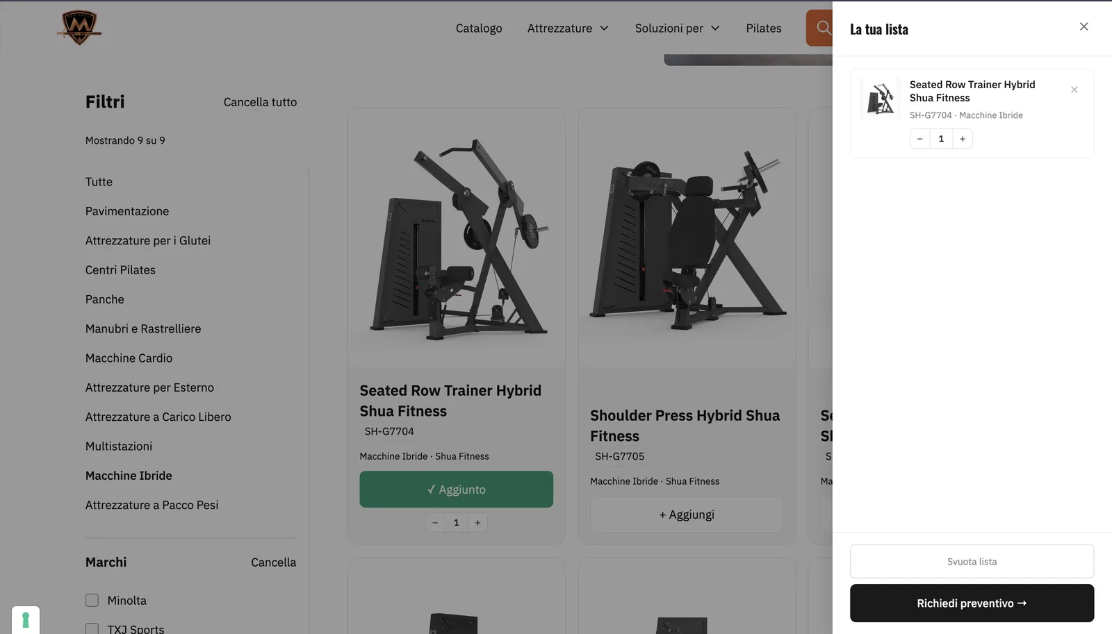 Catalog with the list drawer open and an added product